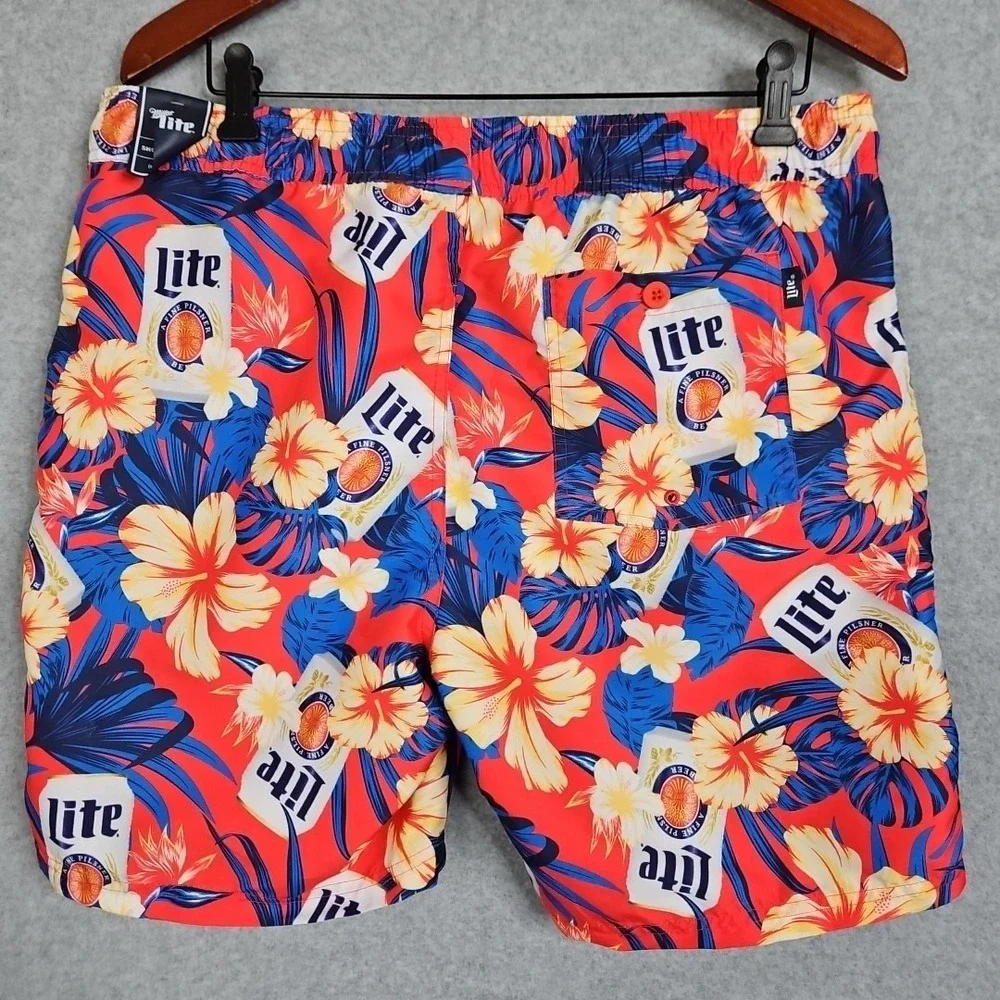Miller Lite Tropical Floral Swim Trunk Shorts Mens Size‎ Med New Hawaiian Beach